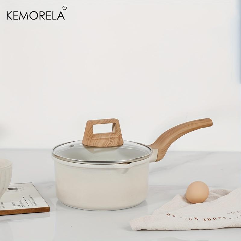 Набор из 1 кастрюли с антипригарным покрытием и крышкой - Подходит для индукционных плит, Носик для слива, Светло-бежевый с деревянными ручками, Идеально для приготовления на кухне