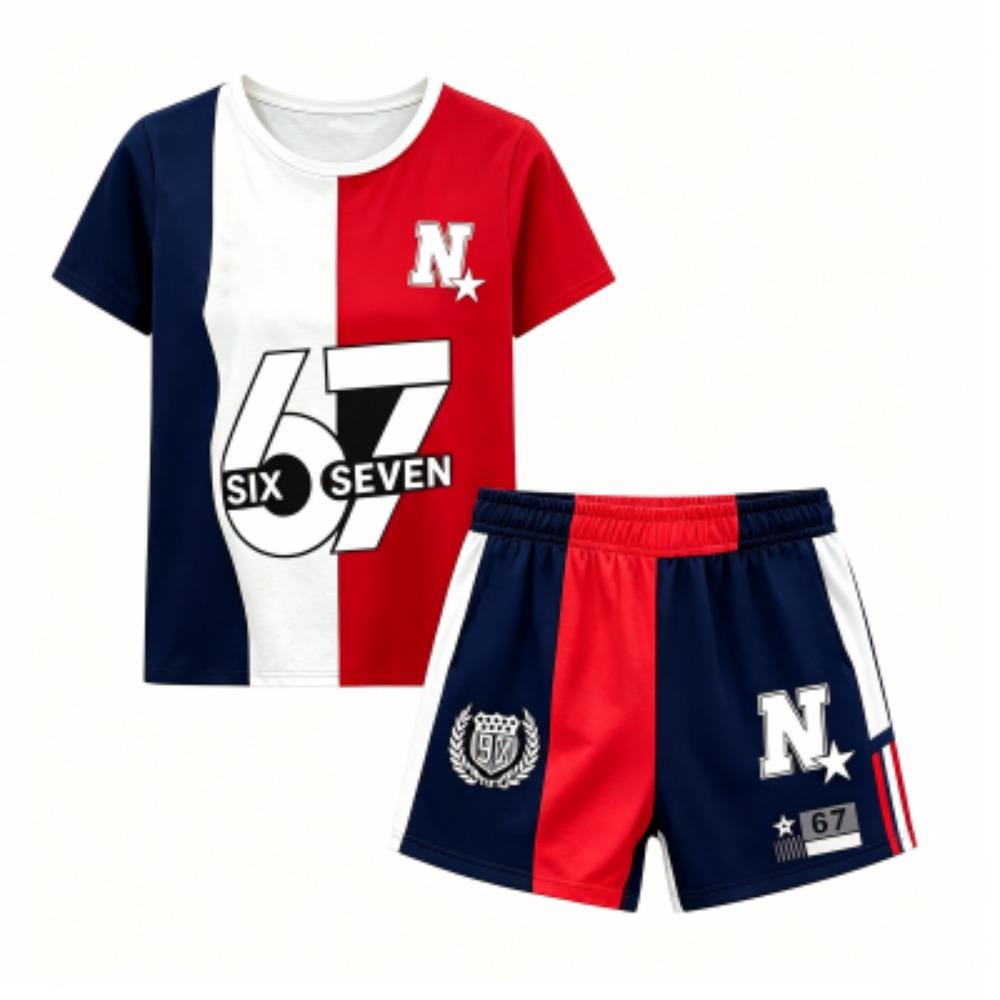 Kids Letter 67 Color Blocking Printed 10 Colors Outdoor Street Kids T-shirt and Shorts 2 Piece Set Summer Home Casual Outfit Boy and Girl's Sports Set