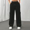 Women Cargo Pants Elastic Waist Adjustable Drawstring Straight Wide Leg Trousers Solid Color Sport Long Pants