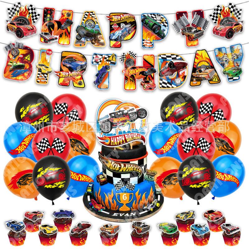Hot Wheels Birthday Party Decorations Set for Boys, Race Car Theme Banner, Balloons, Racing Flags, Tablecloth Supplies