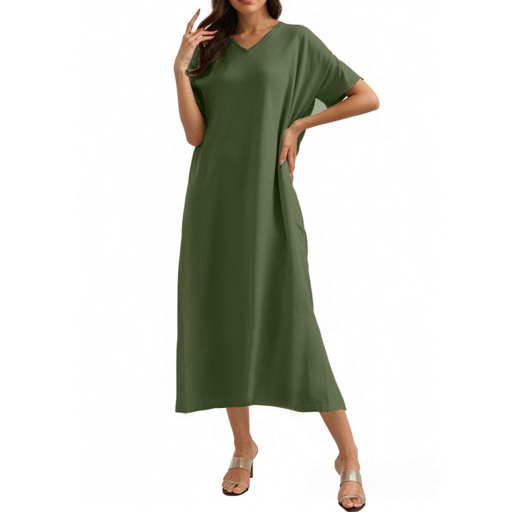 Модное женское однотонное платье с V-образным вырезом, длинное, свободное