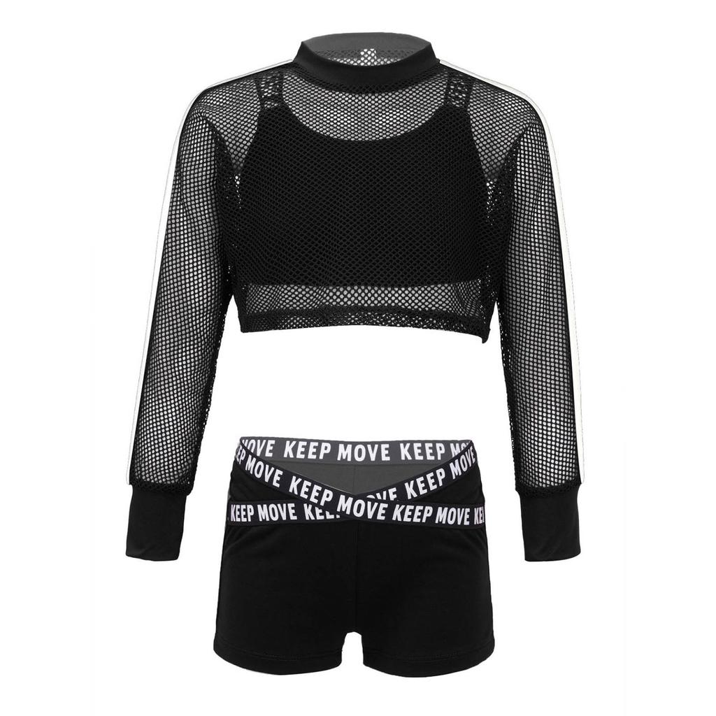 Kids Girls 3Pcs Jazz Hip Hop Dance Outfits Short Net Blouse with Tank Top and Booty Shorts Workout Suit