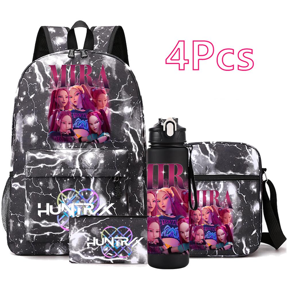 4Pcs/set Anime Demon Hunters Printed Backpack Bookbag Shoulder Bag Case Bag with 750Ml Water Bottler for Boy Girl Large Capacity Schoolbag