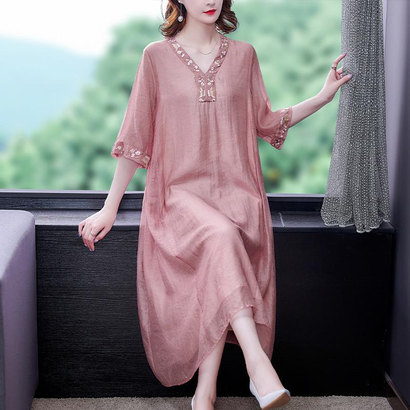 Весенне-летнее платье с V-образным вырезом в китайском стиле с рукавом три четверти, большое свободное вышитое платье для мам