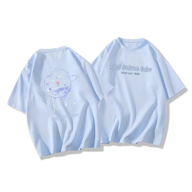 Футболки из чистого хлопка, женские, летние, с милым мультяшным принтом, в стиле хип-хоп, повседневные, в стиле Харадзюку, большие, с коротким рукавом, синие, для девочек 2010 года