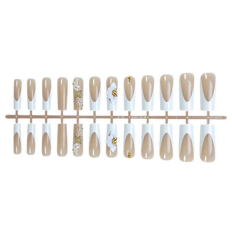 Европейский и американский ручной работы белый французский кончик длинные ногти с 3D цветочным дизайном