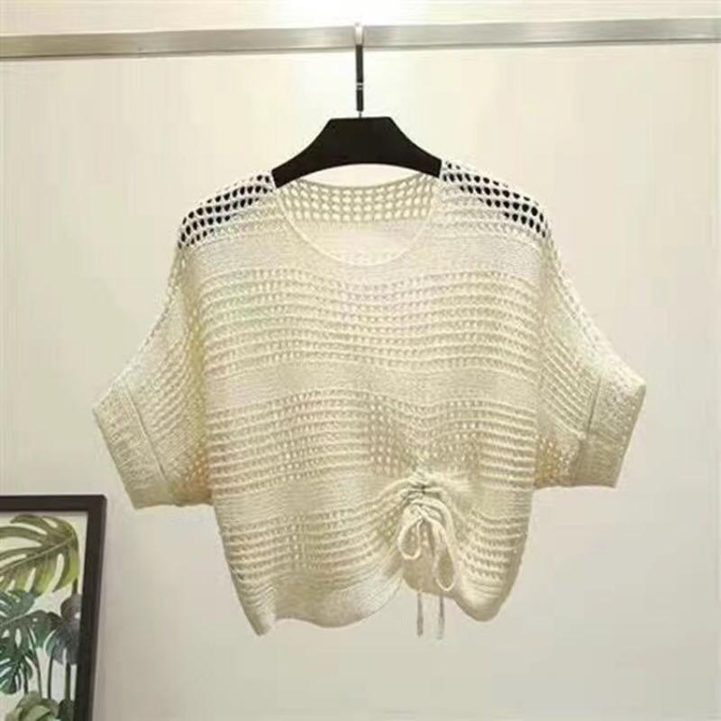 Вязаная женская летняя накидка с короткими рукавами в Корейском стиле, свободный короткий пуловер на шнурке, сетчатая рубашка