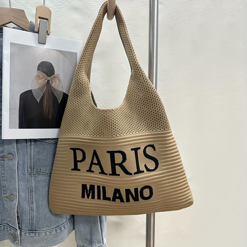 Винтажная сумка-тоут крючком Paris Milano - Шикарная сумка через плечо с надписью "PARIS MILANO", Бежевая и черная, Идеально подходит для пляжа