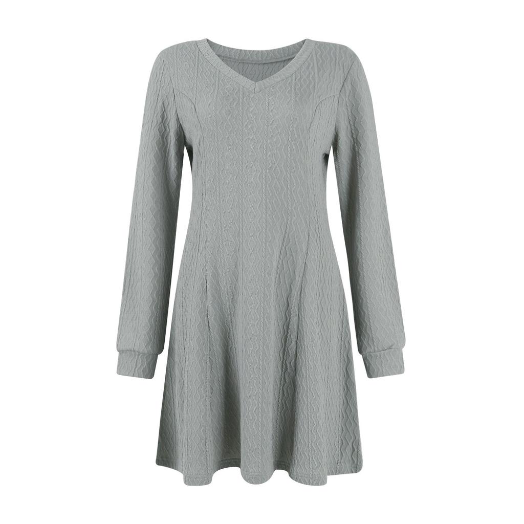 Women's Workwear Fashionable  Dress V-neck Knitted A-line Long Sleeved Dress