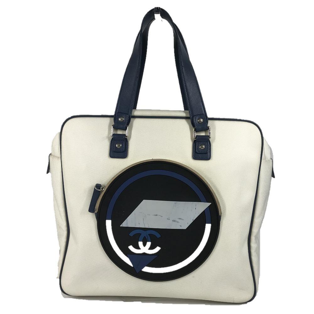 CHANEL Airline CC Mark logo Tote Bag Shoulder Bag Leather/Canvas White/blue
