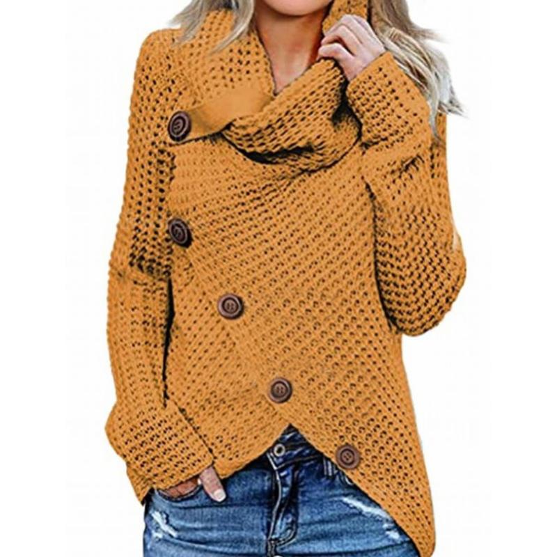 Осенне-зимняя мода, новый свитер с высоким воротником и длинным рукавом, нерегулярные пять косых пуговиц, трикотаж