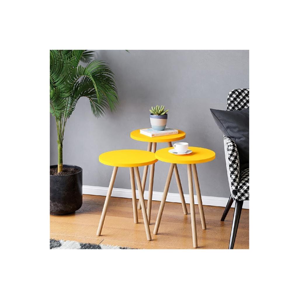 Красочный тройной журнальный столик с деревянными ножками, круглый пастельный дизайн, кремовый