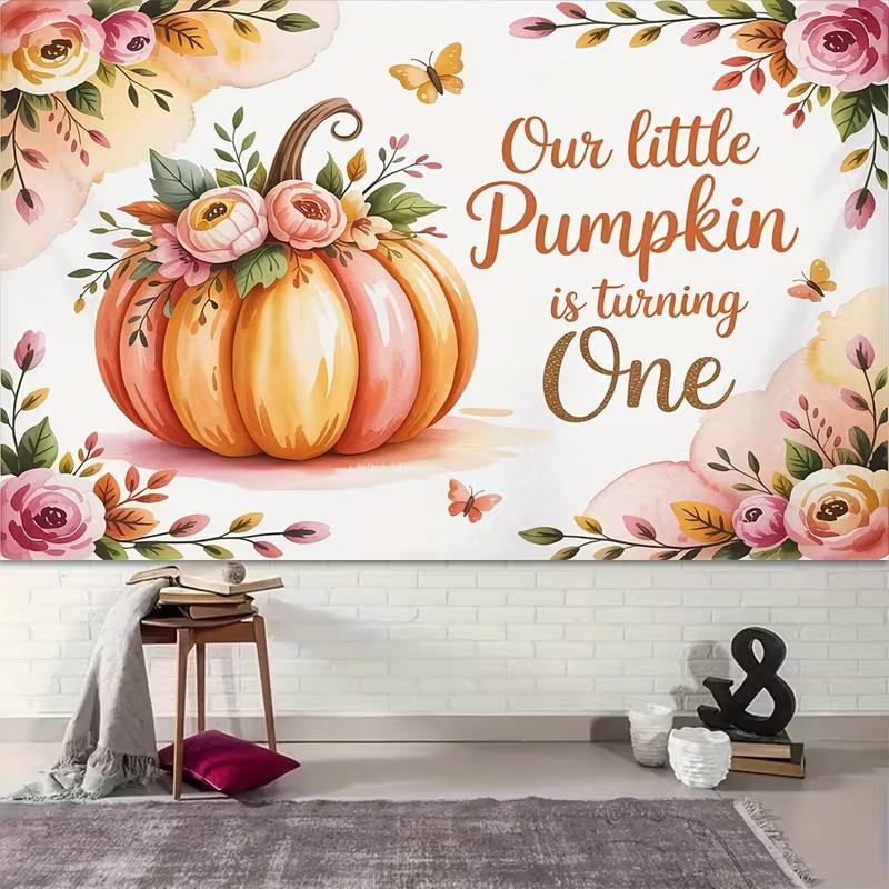 2D Floral & Butterfly Pumpkin Backdrop for Autumn Baby Shower and 1st Birthday Decor