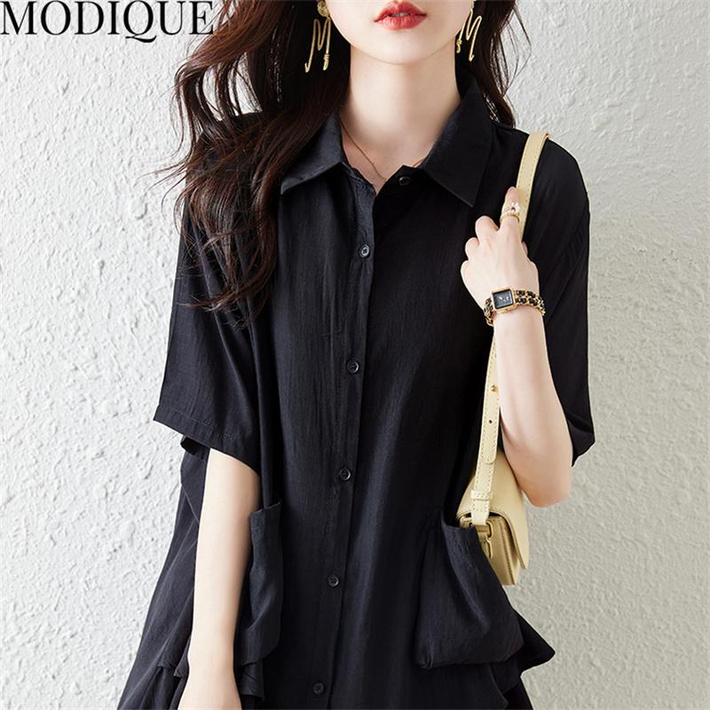 MODIQUE, летняя женская хлопково-льняная блузка больших размеров, однотонные летние пальто, поло большого размера с открытой строчкой, с коротким рукавом и короткими пуговицами