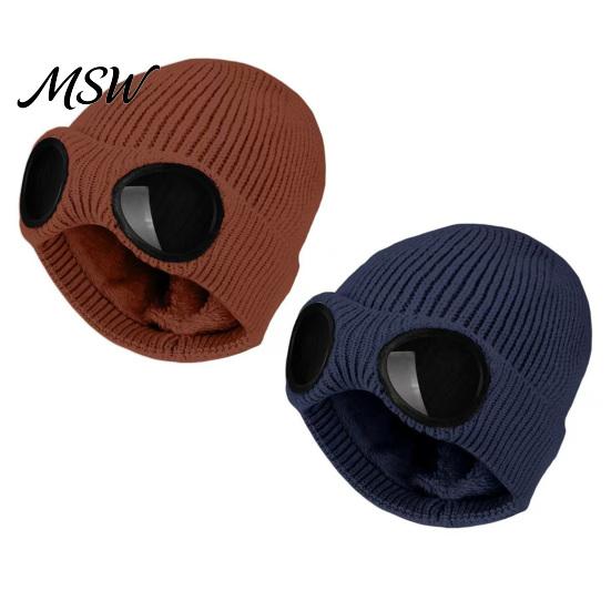 Protective Goggle Hat for Snow Sports 2Pcs Fleece Lined Hats with Goggles, Warm Winter Knit Soft Hats, Windproof Skiing Caps Men Women Cycling Hiking