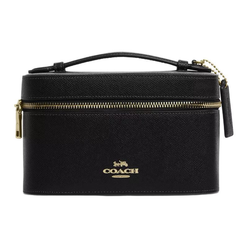 COACH Case 20 Metal Logo Zipper Closure Cross-grain Leather Cosmetic Bag Small Women's Black black