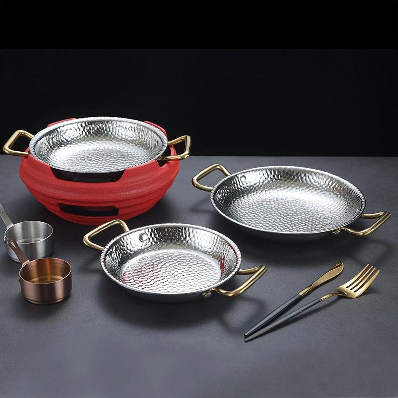 Кастрюля для испанского риса с морепродуктами из нержавеющей стали 304 Коммерческая тарелка для раков Кастрюля с плоским дном для тушеного риса Сковорода с двумя ручками для жарки хот-пот