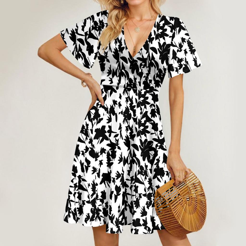 Женское летнее платье свободного покроя для пляжного отдыха с глубоким V-образным вырезом и коротким рукавом, элегантное платье