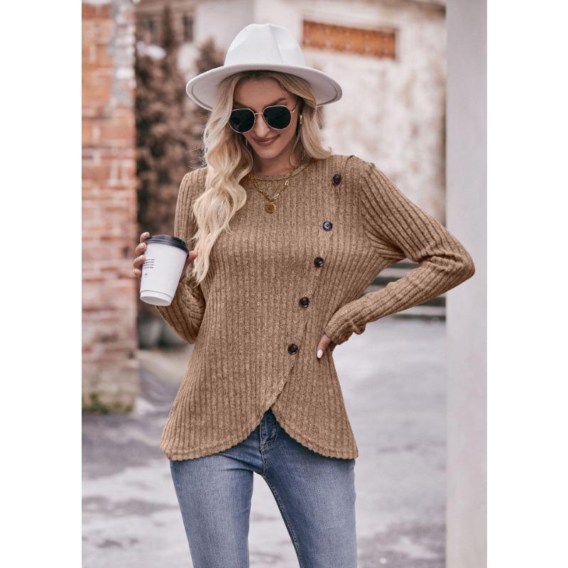 YYFS Женские модные повседневные весенне-осенние однотонные блузки и рубашки с круглым вырезом с длинными рукавами и принтом