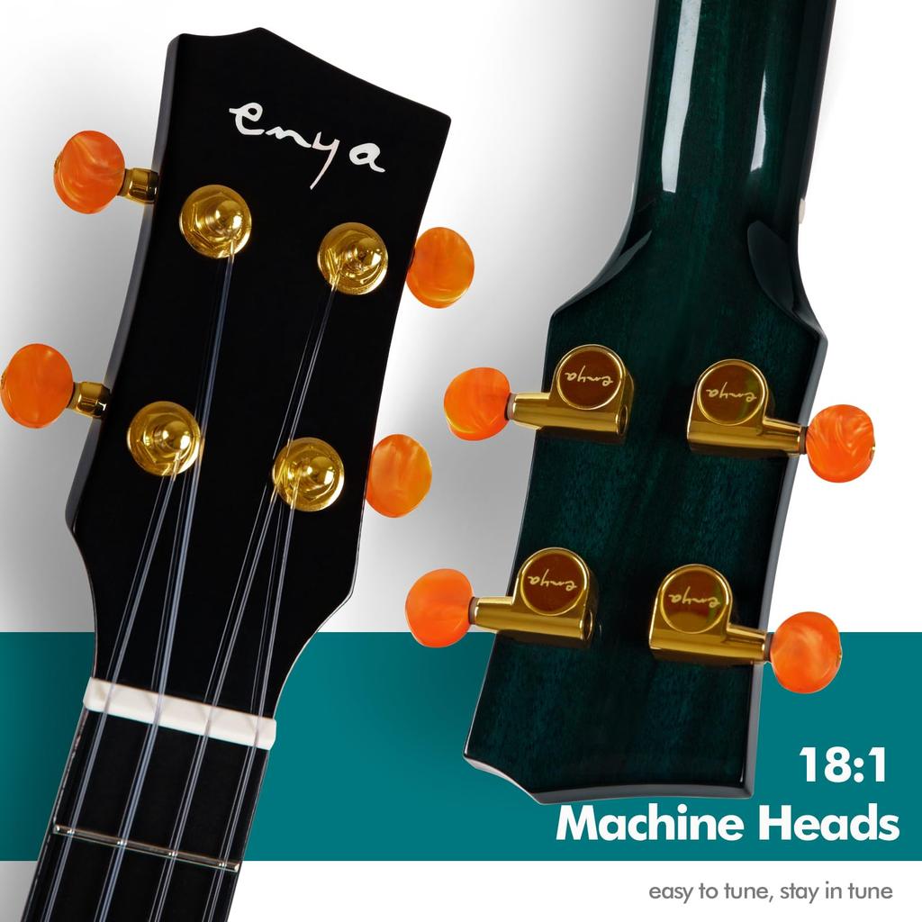 Enya EUT-Feather Acoustic Plus Tenor Electric Ukulele, All Solid Mahogany (3-Piece CNC Machined) with Colorful Feather Inlays, Double Strap Case, and