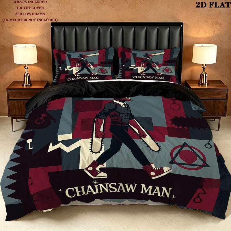 Chainsaw Man Pattern Bedding Quilt Set Quilt Cover Pillowcase Home Birthday Gift(1 * duvet cover + 2 * pillowcase, without core)