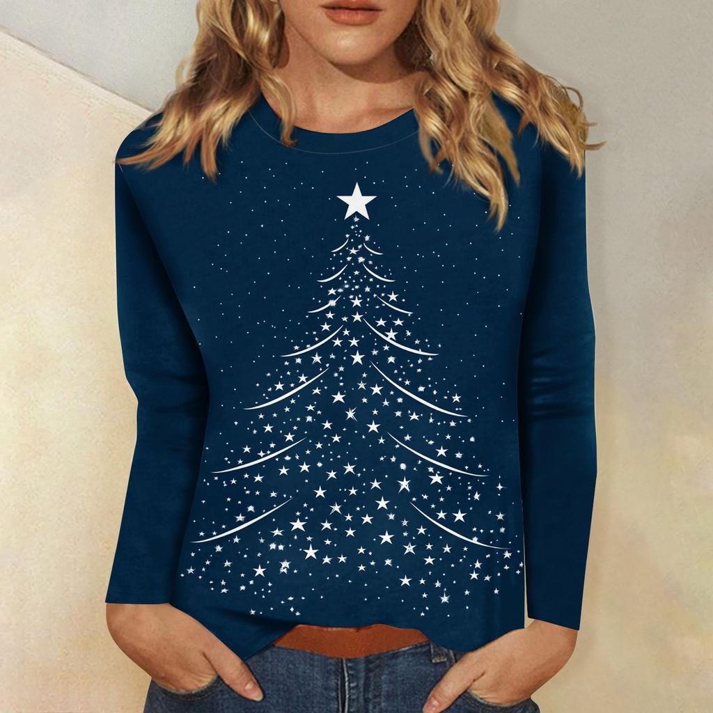 Long Sleeve Shirts For Women Cute Print Graphic Tees Blouses Casual Plus Size Basic Tops Pullover Christmas