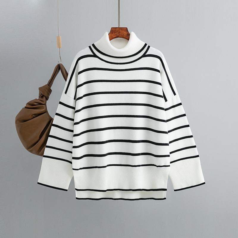 Autumn and Winter Women's Sweater Knit Sweater Pullover Clashing Stripes High Neck Loose Casual Sweater
