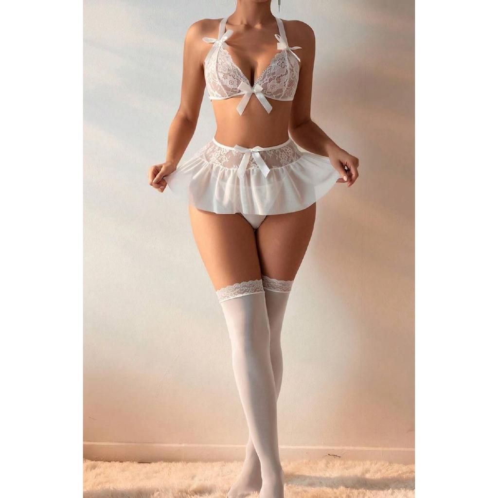 Прозрачный комплект с бюстгальтером и юбкой с кружевными деталями (носки не включены)