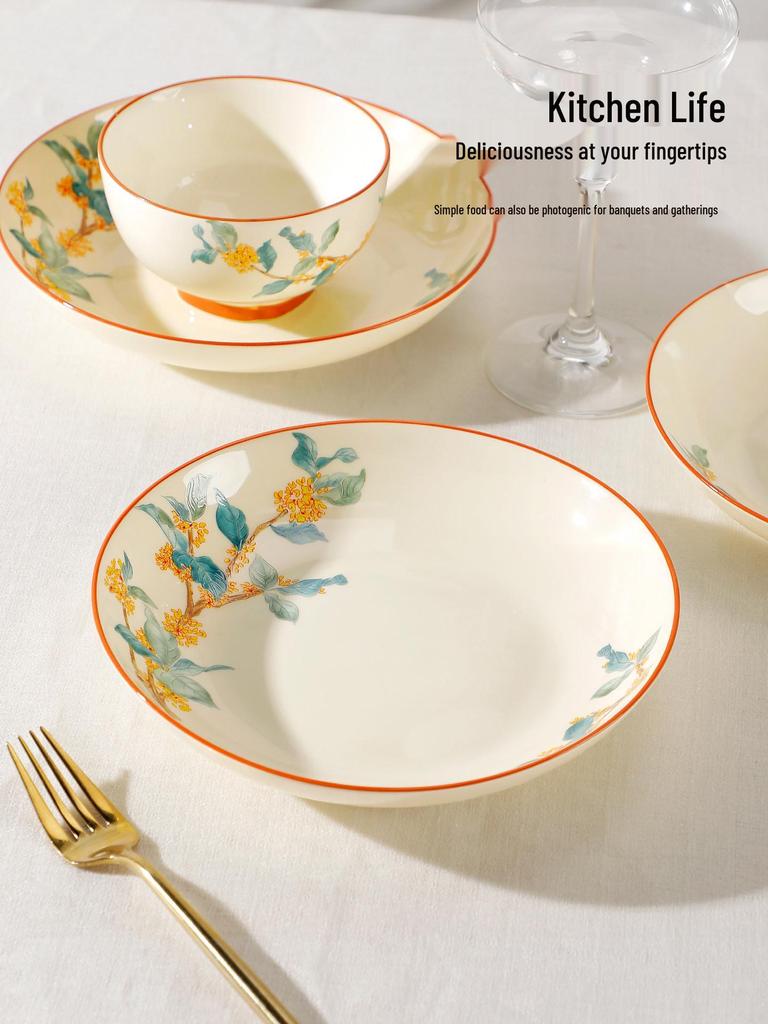 Керамическая обеденная тарелка «Золотая осень и османтус» - Глубокая суповая и круглая тарелка в китайском стиле Коллекция 2025