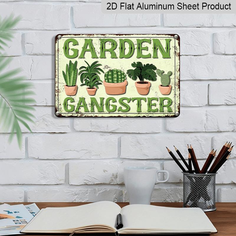 2D Flat, 1pc Vintage Funny Garden Aluminium Sign 8x12 Inch - "GARDEN GANGSTER" Quote, Potted Plant & Cactus Design, Distressed Green Finish