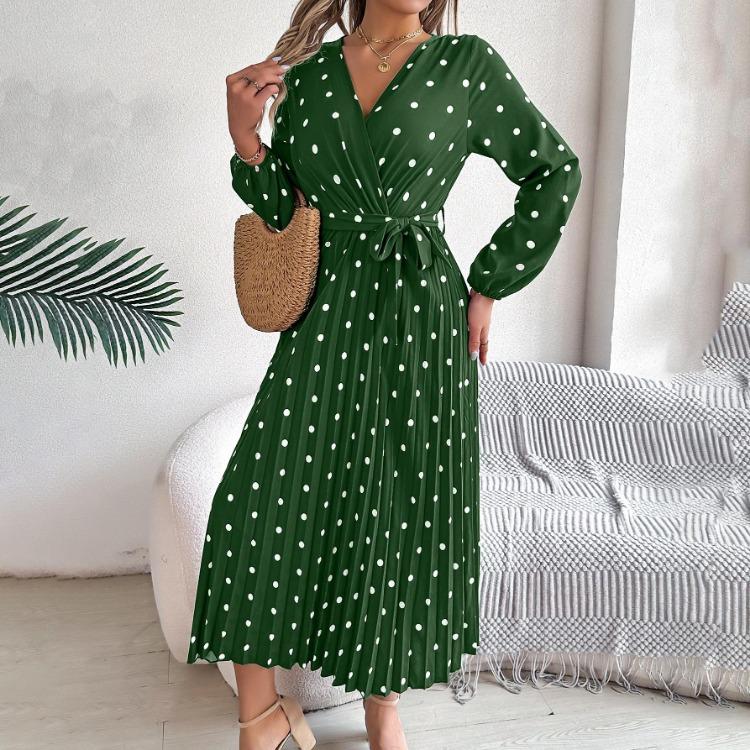 Женское платье А-силуэта с длинным рукавом, длинное, с завышенной талией, в горошек, плиссированное, осенне-зимняя мода