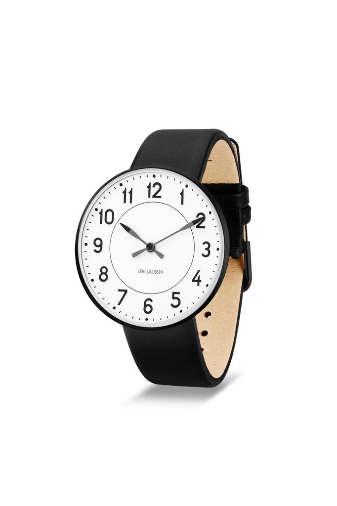 ARNE JACOBSEN STATION Scandinavian Water Resistant Design with No Second White with Black Leather Strap 53412-2001B Watch, 40mm, Design, (Quiet Hand),
