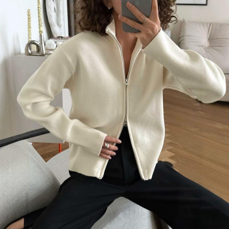 2026 Womens Minimalist Chic Knit Cardigan With Dual Zippers Stand Collar Casual Long Sleeve