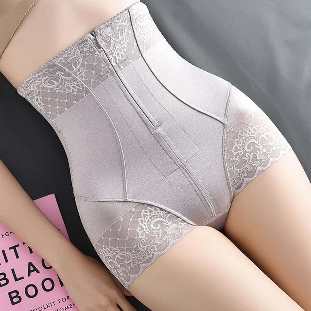 Women Postpartum High Waist Abdominal Compression Corset Underwear Zipper Lace Hip Lift Shaper Panties Silver Purple L