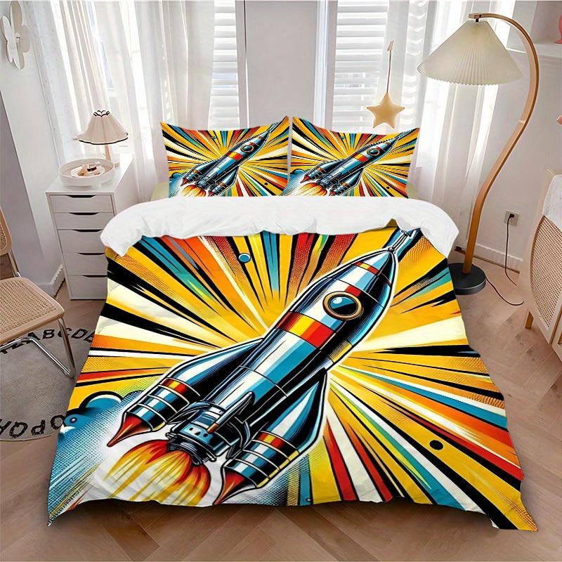 3pcs set Rocket Launch 1 Quilt Cover + 2 Pillowcases, All Seasons Bedroom Setting, Perfect for Home and Dorm Decor a189