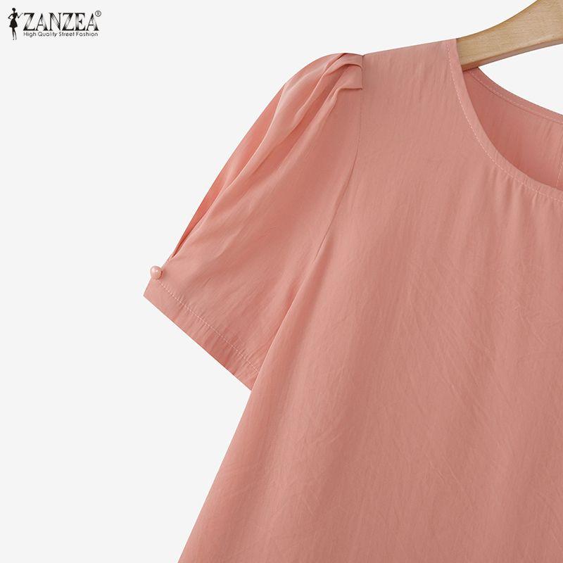 ZANZEA Женская повседневная однотонная блузка с круглым вырезом и коротким рукавом