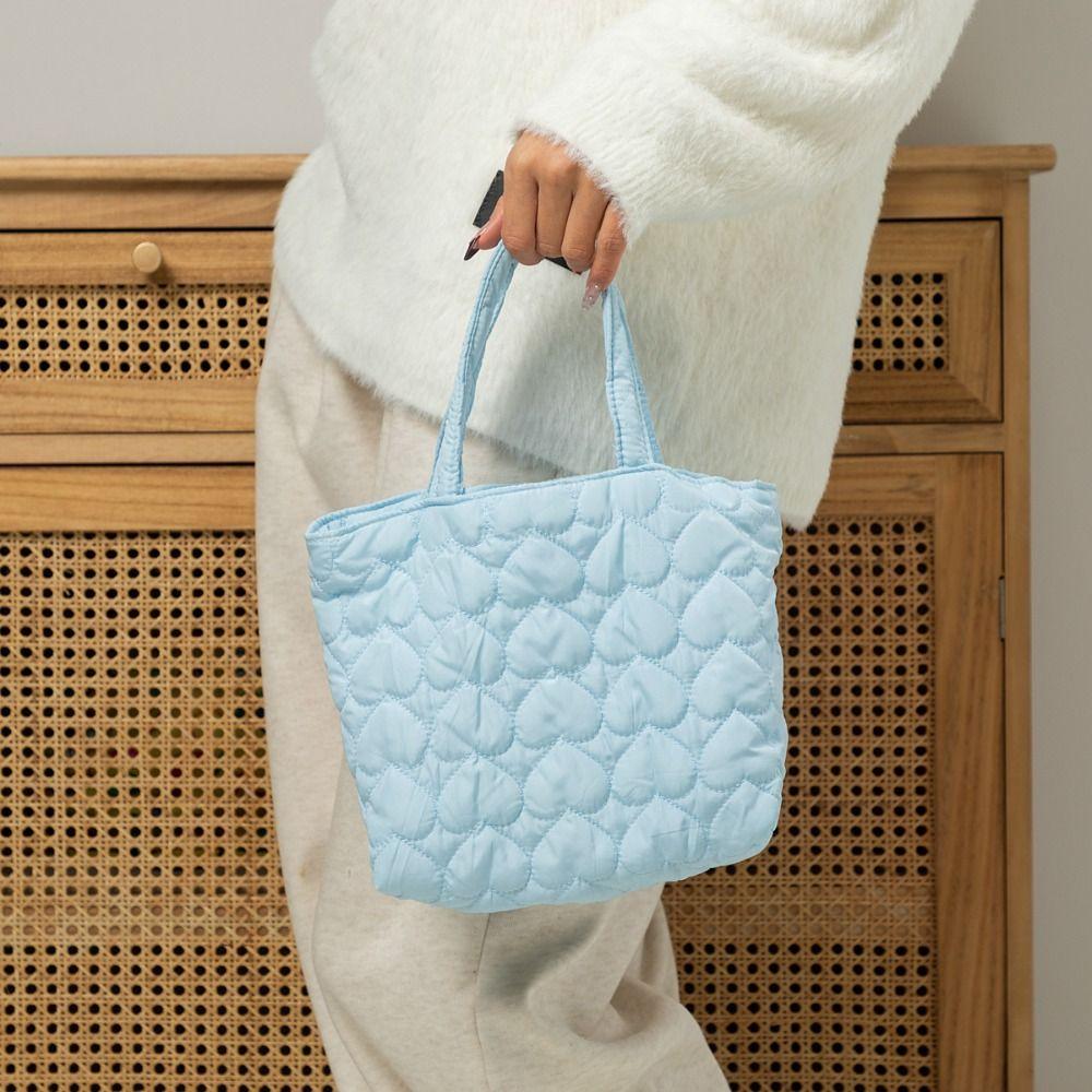Solid Color Quilted Love Handbag Korean Lovely Lunch Bag Japanese Puffer Tote Bag  Travel