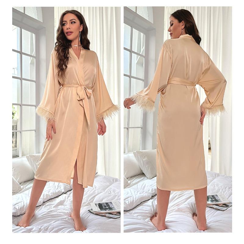 Модная женская пижама из сатина с длинными рукавами, отделкой из перьев и материалом Ice Silk