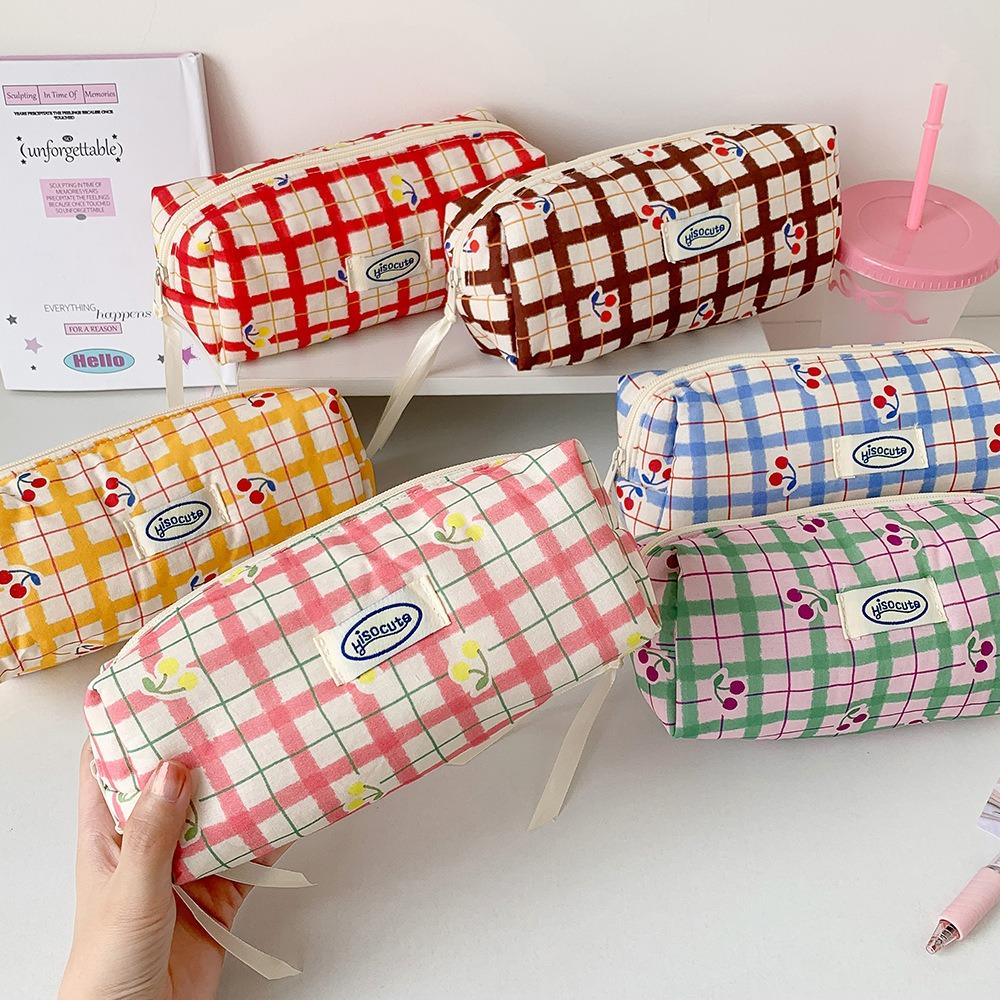 Large Capacity Y2K Cherry Pencil Case Checkered Cartoon Cherry Makeup Bag Korean Pencil Bag Gifts