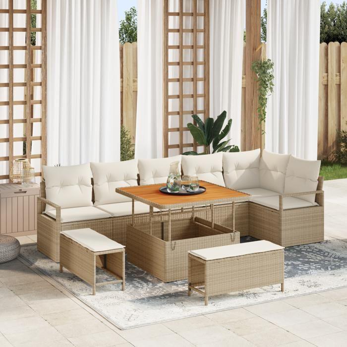 Ensemble de 9 canapés de jardin avec coussins beige poly rotin acacia, Canapé de jardin 2 places avec coussins beige poly 3362536