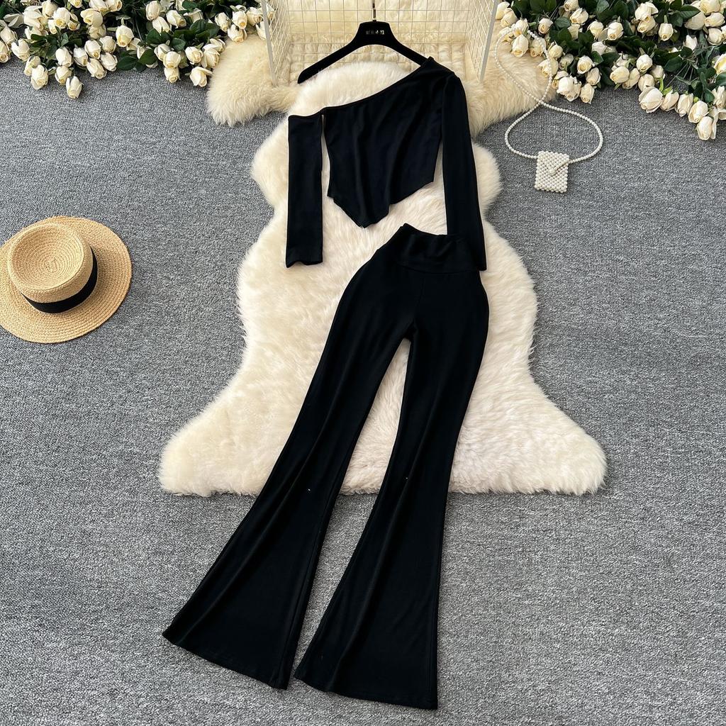 Сексуальная косая горловина без бретелек длинный рукав асимметричная футболка топ женский высокая талия тонкий пакет бедра микро брюки костюм