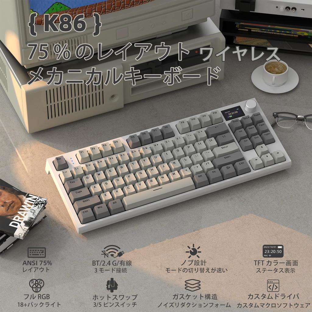 Игровая клавиатура ATTACK SHARK x AJAZZ K86 Беспроводная клавиатура Bluetooth Беспроводная Линейная Цветной TFT-экран Ручка Структура «Синий кит» Горячая точка Японская