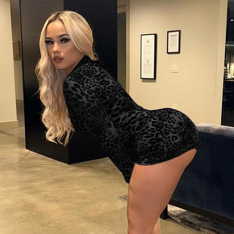 Трендовый женский облегающий комбинезон с длинным рукавом и леопардовым принтом 2024