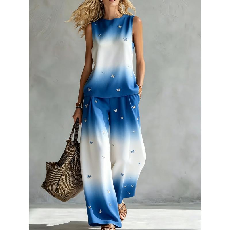 Crew neck top wide leg pants two-piece set women's casual suit European and American summer new rainbow tie-dye sleeveless