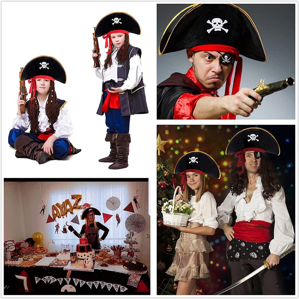 Pirate Compass Skull Print Hat Costume Kits for Treasure Hunt Stylish Role Play Accessories for Halloween Party