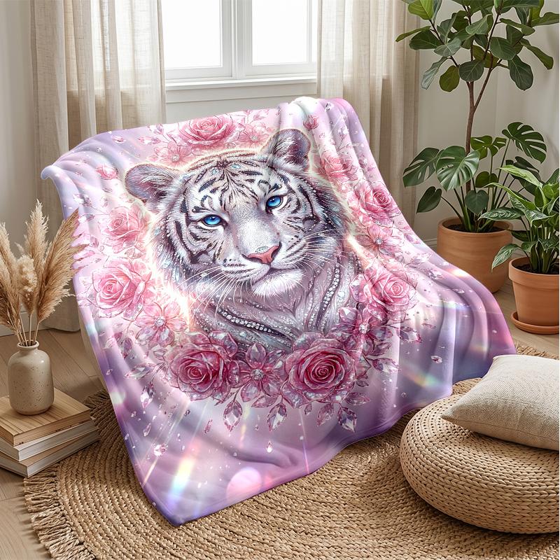 Elegant Tiger with Roses Theme blanket Lightweight Warm Flannel Blanket Decorative Throw Blanket for Home Decoration