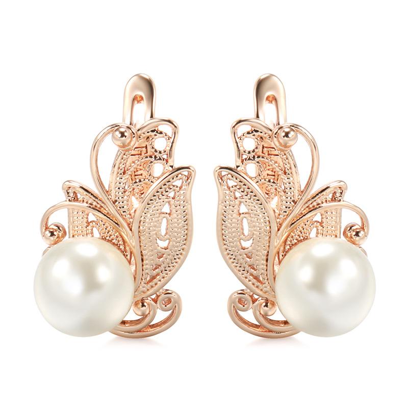 FJ Женщины Красота 585 Роза Смешанный Цвет Белого Золота Имитация Жемчуга Ювелирные Изделия Кубический Циркон Цветы Серьги-Подвески