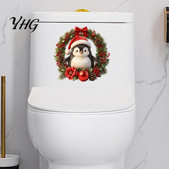 Christmas Bathroom Decoration Ideas Penguin Toilet Stickers, Self-Adhesive Lid Decals, Waterproof Xmas Decal Decor for Tank Tile Home Holiday