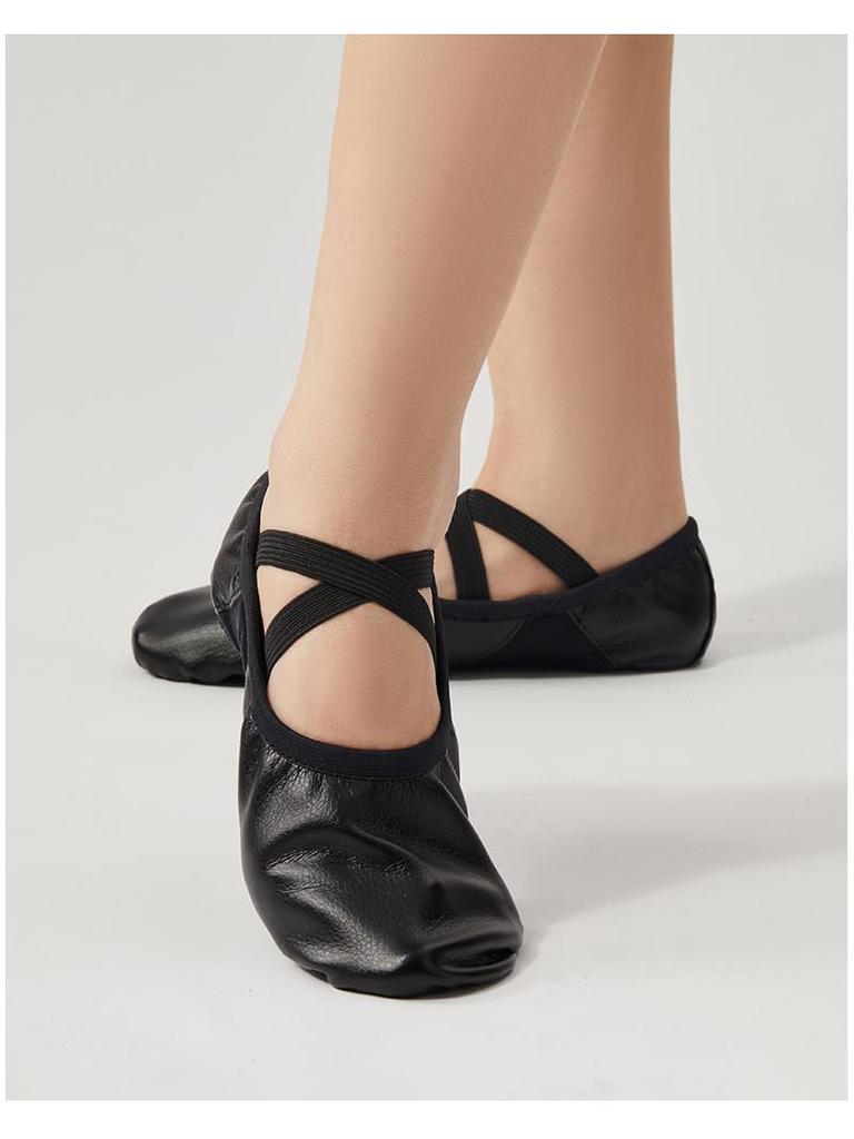 Women's Soft Sole Ballet Dance Shoes, Black PU Leather, Two-Point Bottom