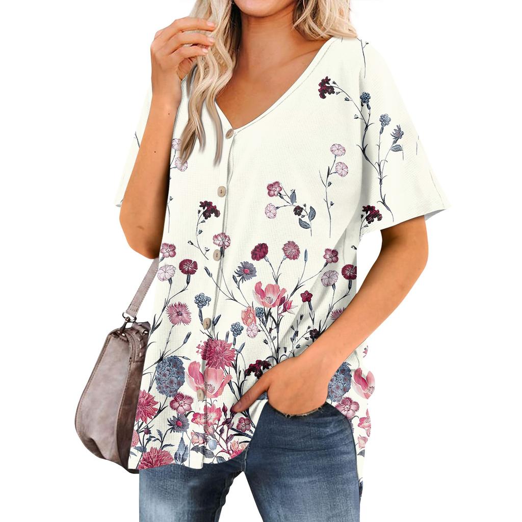 Women's T Shirt Tee Printed Women's Shirts V Neck Short Sleeve Button Up Tunic Tops Blouse